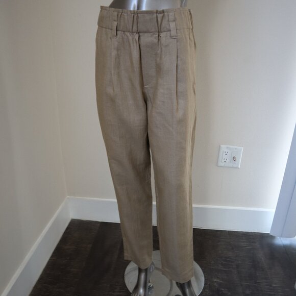 Brunello Cucinelli Linen Pants Tan Elastic Waist Pull On Relaxed Size 12 New Tag - Picture 2 of 8